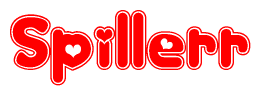 The image is a red and white graphic with the word Spillerr written in a decorative script. Each letter in  is contained within its own outlined bubble-like shape. Inside each letter, there is a white heart symbol.