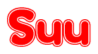 The image is a red and white graphic with the word Suu written in a decorative script. Each letter in  is contained within its own outlined bubble-like shape. Inside each letter, there is a white heart symbol.