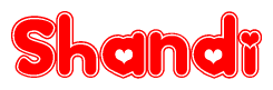The image is a red and white graphic with the word Shandi written in a decorative script. Each letter in  is contained within its own outlined bubble-like shape. Inside each letter, there is a white heart symbol.