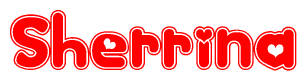 The image is a red and white graphic with the word Sherrina written in a decorative script. Each letter in  is contained within its own outlined bubble-like shape. Inside each letter, there is a white heart symbol.