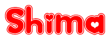 The image is a red and white graphic with the word Shima written in a decorative script. Each letter in  is contained within its own outlined bubble-like shape. Inside each letter, there is a white heart symbol.