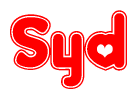 The image is a clipart featuring the word Syd written in a stylized font with a heart shape replacing inserted into the center of each letter. The color scheme of the text and hearts is red with a light outline.
