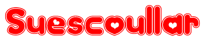The image is a clipart featuring the word Suescoullar written in a stylized font with a heart shape replacing inserted into the center of each letter. The color scheme of the text and hearts is red with a light outline.