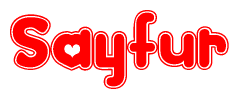 The image is a red and white graphic with the word Sayfur written in a decorative script. Each letter in  is contained within its own outlined bubble-like shape. Inside each letter, there is a white heart symbol.