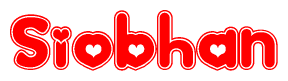 The image is a red and white graphic with the word Siobhan written in a decorative script. Each letter in  is contained within its own outlined bubble-like shape. Inside each letter, there is a white heart symbol.