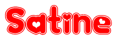 The image is a red and white graphic with the word Satine written in a decorative script. Each letter in  is contained within its own outlined bubble-like shape. Inside each letter, there is a white heart symbol.