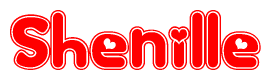 The image is a red and white graphic with the word Shenille written in a decorative script. Each letter in  is contained within its own outlined bubble-like shape. Inside each letter, there is a white heart symbol.