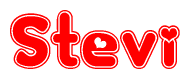 The image is a red and white graphic with the word Stevi written in a decorative script. Each letter in  is contained within its own outlined bubble-like shape. Inside each letter, there is a white heart symbol.