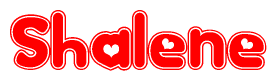 The image is a red and white graphic with the word Shalene written in a decorative script. Each letter in  is contained within its own outlined bubble-like shape. Inside each letter, there is a white heart symbol.