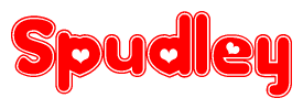 The image is a clipart featuring the word Spudley written in a stylized font with a heart shape replacing inserted into the center of each letter. The color scheme of the text and hearts is red with a light outline.