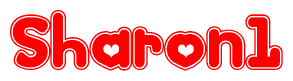 The image is a red and white graphic with the word Sharon1 written in a decorative script. Each letter in  is contained within its own outlined bubble-like shape. Inside each letter, there is a white heart symbol.