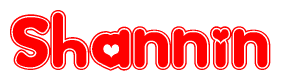 The image is a red and white graphic with the word Shannin written in a decorative script. Each letter in  is contained within its own outlined bubble-like shape. Inside each letter, there is a white heart symbol.