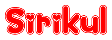 The image is a red and white graphic with the word Sirikul written in a decorative script. Each letter in  is contained within its own outlined bubble-like shape. Inside each letter, there is a white heart symbol.