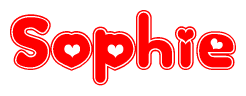 The image is a red and white graphic with the word Sophie written in a decorative script. Each letter in  is contained within its own outlined bubble-like shape. Inside each letter, there is a white heart symbol.