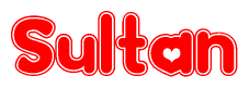 The image is a clipart featuring the word Sultan written in a stylized font with a heart shape replacing inserted into the center of each letter. The color scheme of the text and hearts is red with a light outline.