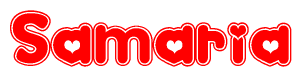 The image is a red and white graphic with the word Samaria written in a decorative script. Each letter in  is contained within its own outlined bubble-like shape. Inside each letter, there is a white heart symbol.
