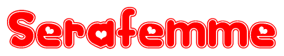 The image displays the word Serafemme written in a stylized red font with hearts inside the letters.
