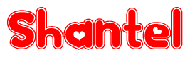 The image is a red and white graphic with the word Shantel written in a decorative script. Each letter in  is contained within its own outlined bubble-like shape. Inside each letter, there is a white heart symbol.