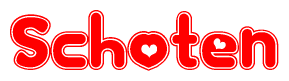 The image is a red and white graphic with the word Schoten written in a decorative script. Each letter in  is contained within its own outlined bubble-like shape. Inside each letter, there is a white heart symbol.