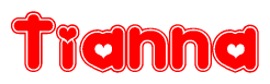The image is a red and white graphic with the word Tianna written in a decorative script. Each letter in  is contained within its own outlined bubble-like shape. Inside each letter, there is a white heart symbol.