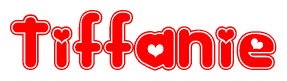 The image is a red and white graphic with the word Tiffanie written in a decorative script. Each letter in  is contained within its own outlined bubble-like shape. Inside each letter, there is a white heart symbol.