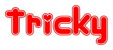 The image is a clipart featuring the word Tricky written in a stylized font with a heart shape replacing inserted into the center of each letter. The color scheme of the text and hearts is red with a light outline.