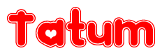 The image is a clipart featuring the word Tatum written in a stylized font with a heart shape replacing inserted into the center of each letter. The color scheme of the text and hearts is red with a light outline.
