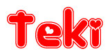 The image is a red and white graphic with the word Teki written in a decorative script. Each letter in  is contained within its own outlined bubble-like shape. Inside each letter, there is a white heart symbol.