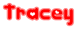 The image is a red and white graphic with the word Tracey written in a decorative script. Each letter in  is contained within its own outlined bubble-like shape. Inside each letter, there is a white heart symbol.