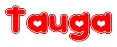 The image is a red and white graphic with the word Tauga written in a decorative script. Each letter in  is contained within its own outlined bubble-like shape. Inside each letter, there is a white heart symbol.