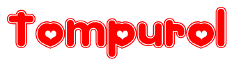 The image is a red and white graphic with the word Tompurol written in a decorative script. Each letter in  is contained within its own outlined bubble-like shape. Inside each letter, there is a white heart symbol.