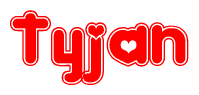 The image is a red and white graphic with the word Tyjan written in a decorative script. Each letter in  is contained within its own outlined bubble-like shape. Inside each letter, there is a white heart symbol.