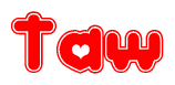 The image displays the word Taw written in a stylized red font with hearts inside the letters.