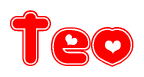 The image displays the word Teo written in a stylized red font with hearts inside the letters.