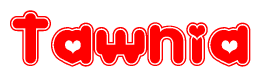 The image displays the word Tawnia written in a stylized red font with hearts inside the letters.