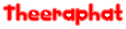 The image is a red and white graphic with the word Theeraphat written in a decorative script. Each letter in  is contained within its own outlined bubble-like shape. Inside each letter, there is a white heart symbol.