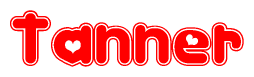 The image is a red and white graphic with the word Tanner written in a decorative script. Each letter in  is contained within its own outlined bubble-like shape. Inside each letter, there is a white heart symbol.