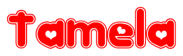 The image is a red and white graphic with the word Tamela written in a decorative script. Each letter in  is contained within its own outlined bubble-like shape. Inside each letter, there is a white heart symbol.