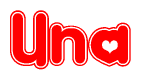 The image is a red and white graphic with the word Una written in a decorative script. Each letter in  is contained within its own outlined bubble-like shape. Inside each letter, there is a white heart symbol.