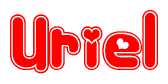 The image is a red and white graphic with the word Uriel written in a decorative script. Each letter in  is contained within its own outlined bubble-like shape. Inside each letter, there is a white heart symbol.