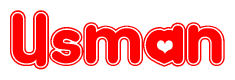 The image is a red and white graphic with the word Usman written in a decorative script. Each letter in  is contained within its own outlined bubble-like shape. Inside each letter, there is a white heart symbol.