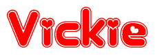 The image is a red and white graphic with the word Vickie written in a decorative script. Each letter in  is contained within its own outlined bubble-like shape. Inside each letter, there is a white heart symbol.