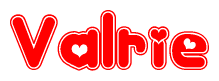 The image is a clipart featuring the word Valrie written in a stylized font with a heart shape replacing inserted into the center of each letter. The color scheme of the text and hearts is red with a light outline.