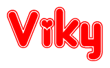 The image is a red and white graphic with the word Viky written in a decorative script. Each letter in  is contained within its own outlined bubble-like shape. Inside each letter, there is a white heart symbol.