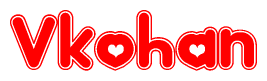 The image is a clipart featuring the word Vkohan written in a stylized font with a heart shape replacing inserted into the center of each letter. The color scheme of the text and hearts is red with a light outline.