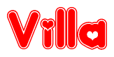 The image is a clipart featuring the word Villa written in a stylized font with a heart shape replacing inserted into the center of each letter. The color scheme of the text and hearts is red with a light outline.