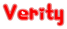 The image is a red and white graphic with the word Verity written in a decorative script. Each letter in  is contained within its own outlined bubble-like shape. Inside each letter, there is a white heart symbol.