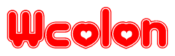 The image is a red and white graphic with the word Wcolon written in a decorative script. Each letter in  is contained within its own outlined bubble-like shape. Inside each letter, there is a white heart symbol.