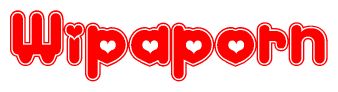 The image is a red and white graphic with the word Wipaporn written in a decorative script. Each letter in  is contained within its own outlined bubble-like shape. Inside each letter, there is a white heart symbol.