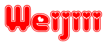 The image is a clipart featuring the word Weijiii written in a stylized font with a heart shape replacing inserted into the center of each letter. The color scheme of the text and hearts is red with a light outline.